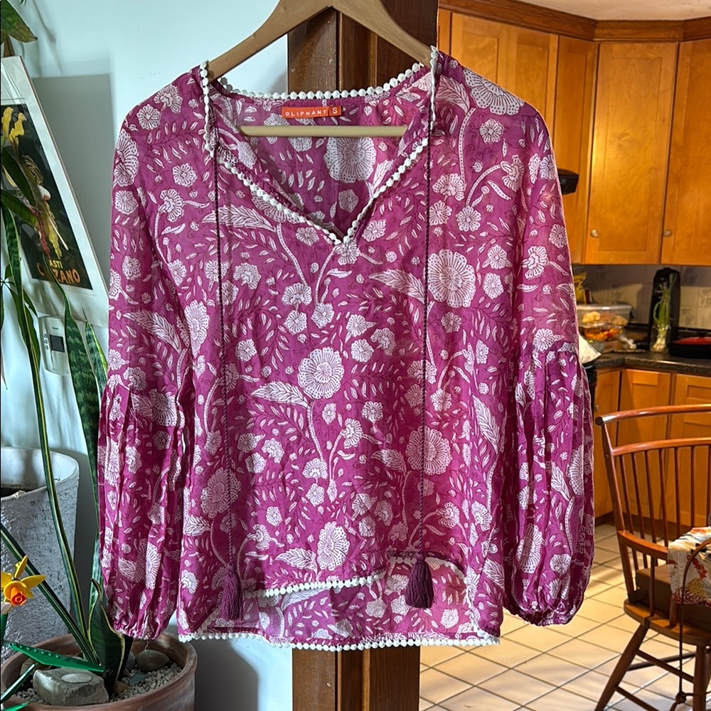 Oliphant cotton White Embellished 3/4 Sleeve Blouse